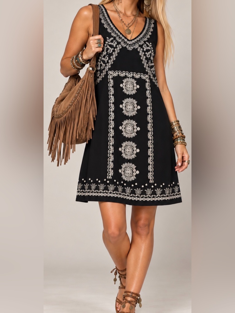 Tribal Boho V-Neck Embroidered Black Sleeveless Sundress - Size PS